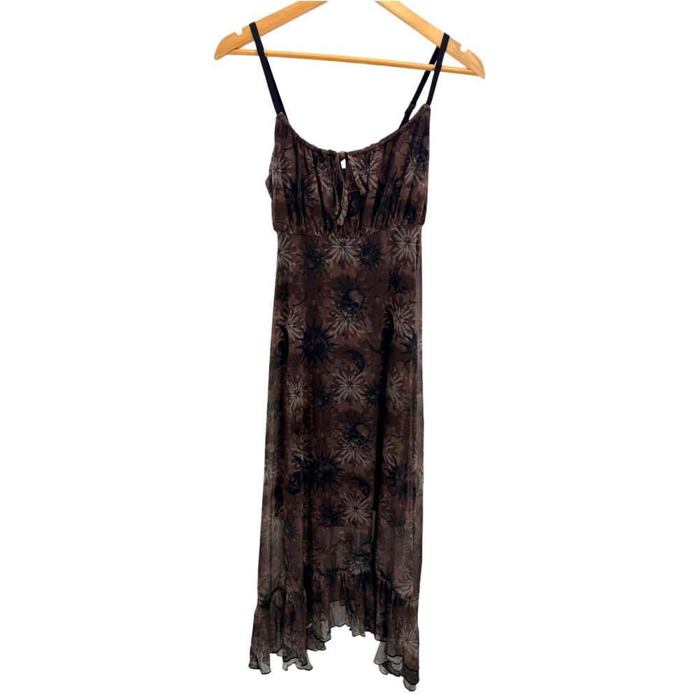 Cosmic Aura Womens XS‎ Brown Celestial Sun Moon Skull Mesh Midi Dress Grunge